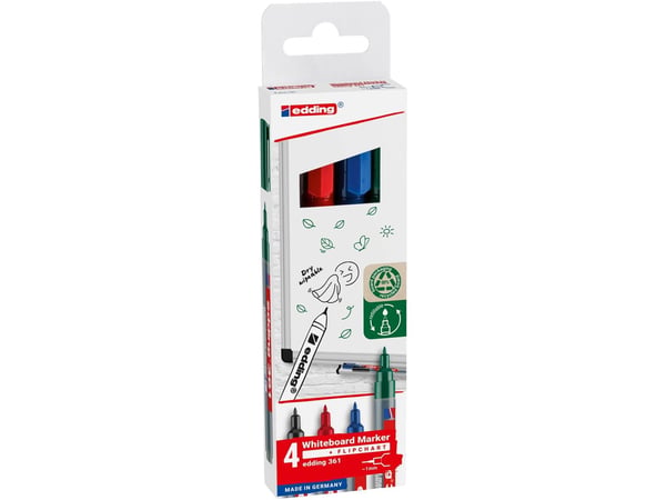 Edding 361 Whiteboard, 4 stykker, Sort, Blå, Grønn, Rød, Projektil spiss, Plast, Rund, 1 mm