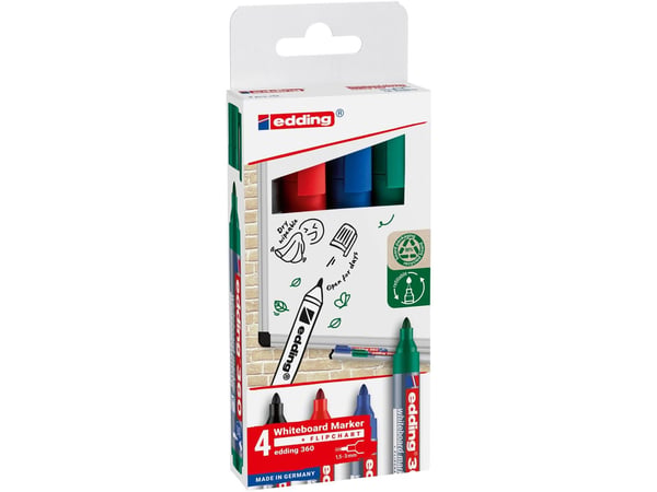 Edding 360 Whiteboard, 4 stykker, Sort, Blå, Grønn, Rød, Projektil spiss, Plast, 1,5 mm, 3 mm