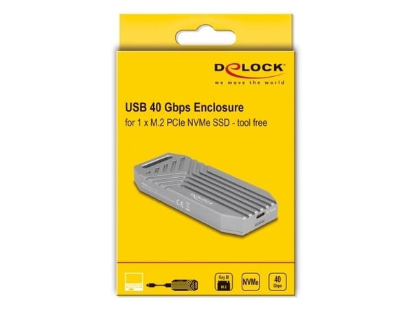 Delock - Drevkabinett - 40 Gbps, tool free - M.2 - M.2 NVMe Card / PCIe (NVMe) - USB-C - grå