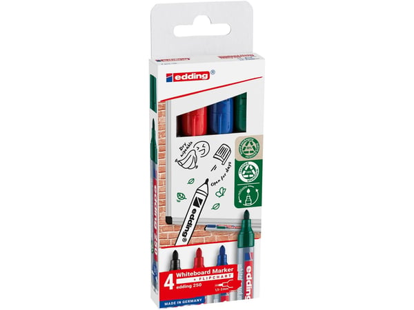 Edding 250 Whiteboard, 4 stykker, Sort, Blå, Grønn, Rød, Projektil spiss, Aluminium, Rund, 1,5 mm