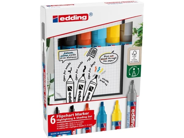 Edding 385 Flipchart, 4 stykker, Sort, Sølv, Gult, Brush/Bullet tip, Plast, Rund, 1 mm