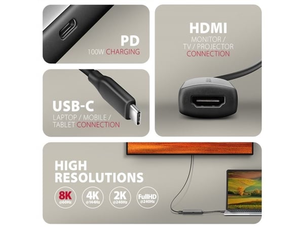 AXAGON RVC-HI8KPD, USB-C -&amp;gt; HDMI 2.1-adapter, 8K/60Hz, 4K/144Hz, HDR10+, PD100W