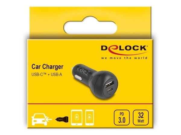 Delockin autolataussovitin USB Type-C PD 3.0 ja USB Type-A 32 W:lla