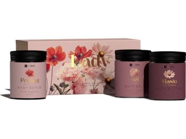 HISKIN_SET Lady Flowers badesalt 200ml + kroppsskrubb 200ml + kroppssmør 200ml