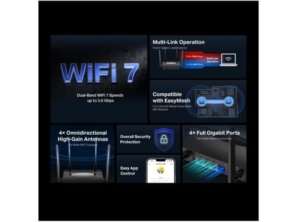 Mercusys MR25BE, Wi-Fi 7 (802.11be), Dobbelbånd (2.4 GHz / 5 GHz), Ethernet/bredbåndsforbindelse, Svart, Frittstående router