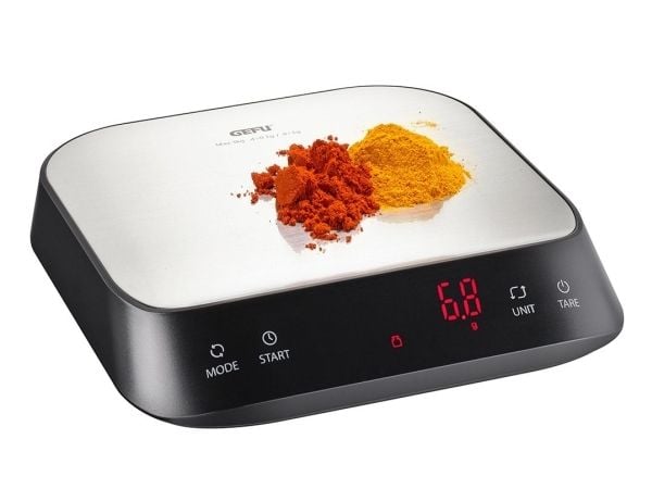GEFU PREZISO, Elektronisk köksvåg, 3 kg, 0,1 g, Svart, Rostfritt stål, Plast, Silikon, Rostfritt stål, Rostfritt stål