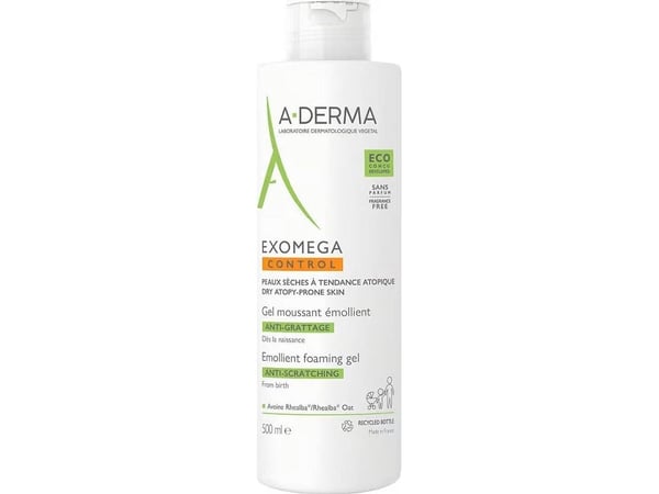 A derma Exomega Control pehmentävä vaahtoava geeli naarmuuntumisen estämiseksi 500ml