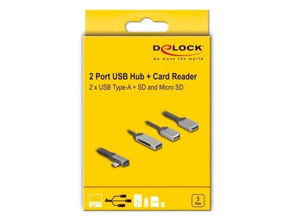Delock 2-porttinen USB-keskitin, jossa on SD- ja Micro-SD-kortinlukija ja USB Type-C-portti