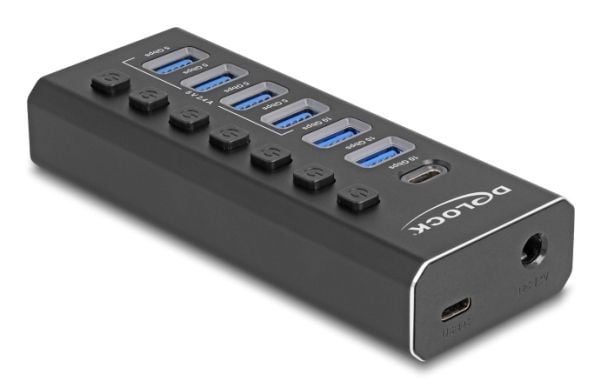 Delock - Hub - 10 Gbps, 4 Fast Charging Ports with switch and illumination - 1 x USB-C 3.2 Gen 2 + 2 x USB 3.2 Gen 2 + 4 x USB 3.2 Gen 1 - stasjonær