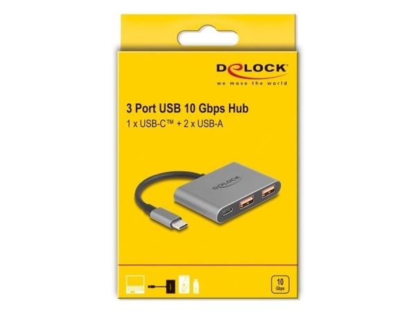 Delock - Hub - 10 Gbps, with USB-C connector - 1 x USB-C 3.2 Gen 2 + 2 x USB 3.2 Gen 2 - stasjonær