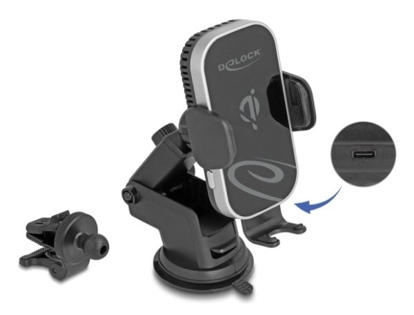 Delock - Trådløs ladeholder for bil - with charging and cooling function, Qi - 15 watt - 1.25 A - svart, grå