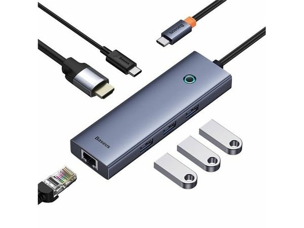 Baseus UltraJoy 6-Port, langallinen, USB 3.2 Gen 1 (3.1 Gen 1) Type-C, 100 W, 10,100,1000 Mbit/s, harmaa, 5 Gbit/s.
