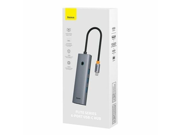Baseus UltraJoy 6-Port, langallinen, USB 3.2 Gen 1 (3.1 Gen 1) Type-C, 100 W, 10,100,1000 Mbit/s, harmaa, 5 Gbit/s.