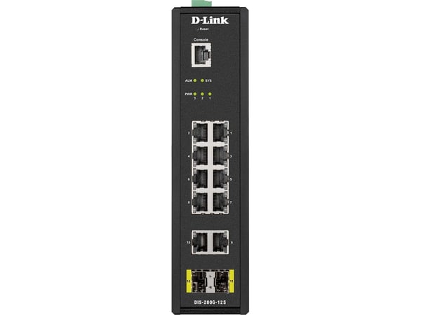 D-Link DIS 200G-12S - Switch - Styrt - 10 x 10/100/1000 + 2 x SFP - DIN-skinnemonterbar, veggmonterbar - AC 120/230 V / DC 46 - 54 V