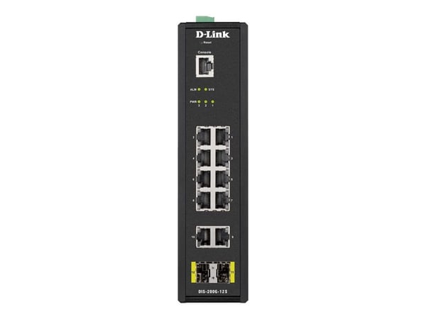 D-Link DIS 200G-12S - Switch - Styrt - 10 x 10/100/1000 + 2 x SFP - DIN-skinnemonterbar, veggmonterbar - AC 120/230 V / DC 46 - 54 V