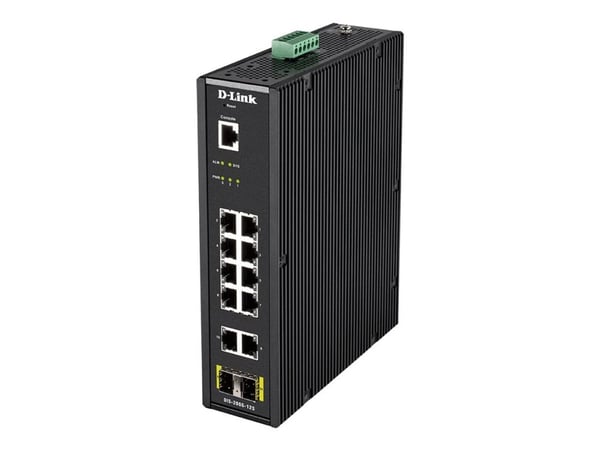 D-Link DIS 200G-12S - Switch - Styrt - 10 x 10/100/1000 + 2 x SFP - DIN-skinnemonterbar, veggmonterbar - AC 120/230 V / DC 46 - 54 V