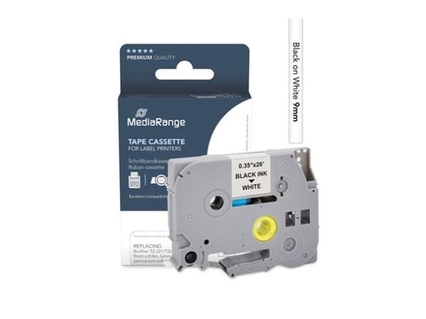 MediaRange - Laminert - permanet adhesiv - svart på hvitt - Rull (0,9 cm x 8 m) 1 kassett(er) hengeboks - merketape (alternativ for: Brother TZ-221...