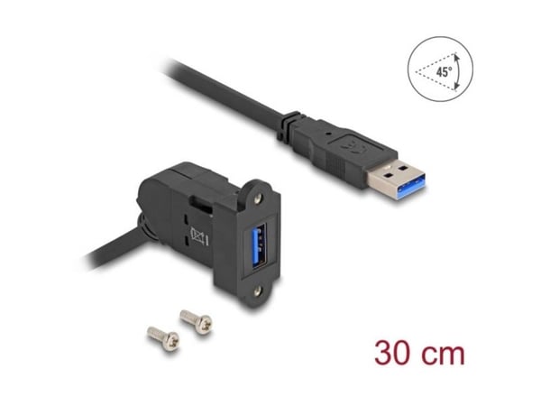 Delock USB 5 Gbps Type-A innebygd stikkontakt 45° vinklet til Type-A-plugg med 30 cm svart kabel