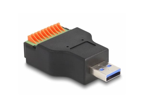 Delock - USB-adapter - USB-type A (hann) til 10-pins terminalblokk - USB 3.2 Gen 1 - trykknapp, 2,54 mm stigning - svart/grønn