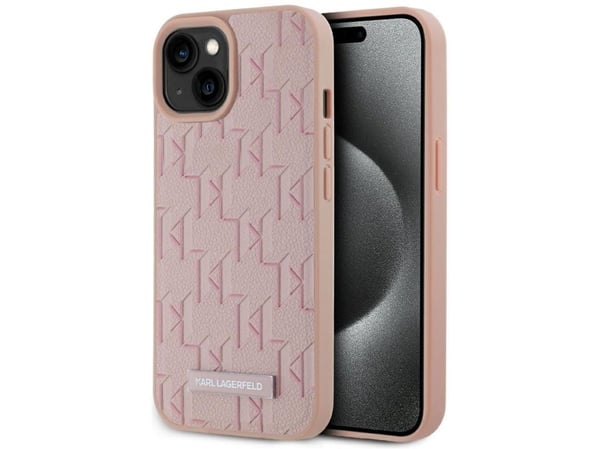 Deklas Karl Lagerfeld läder monogram metall logotyp MagSafe-skal för iPhone 15 rosa (37339004)