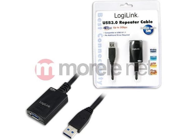 LogiLink 5.0m USB 3.0 M/F, 5 m, USB A, USB A, USB 3.2 Gen 1 (3.1 Gen 1), Hankjønn/hunkjønn, Sort
