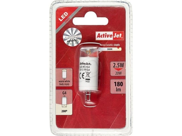 Activejet AJE-MC1G4, 2,5 W, 20 W, G4, 180 lm, 30000 timer, Varm hvit