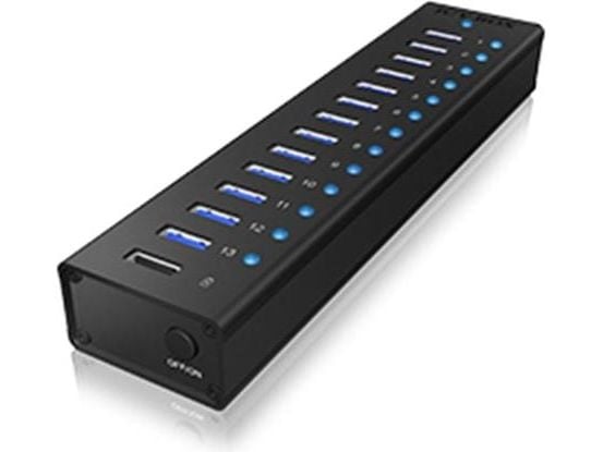 Icy Box 13-portars USB 3.0-hubb med USB-laddningsport, svart