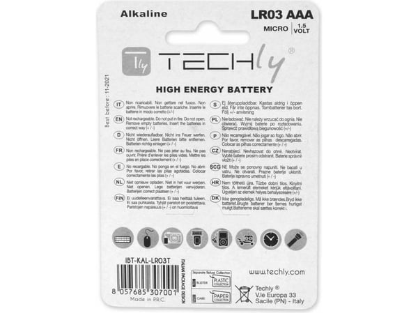 Techly LR03 AAA 1.5V, Engangsbatteri, AAA, Alkalinsk, 1,5 V, 4 stykker, Flerfarget