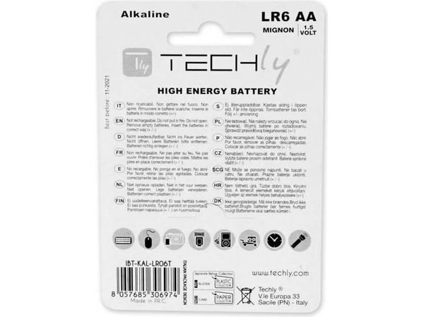 Techly LR06 AA 1.5V, Engangsbatteri, AA, Alkalinsk, 1,5 V, 4 stykker, Flerfarget