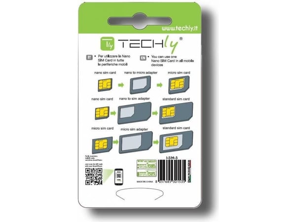 Techly I-SIM-3, SIM-kortadapter, Micro-SIM, Nano-SIM, SIM i full størrelse, Micro-SIM, 3 stykker, Sort, 9 g