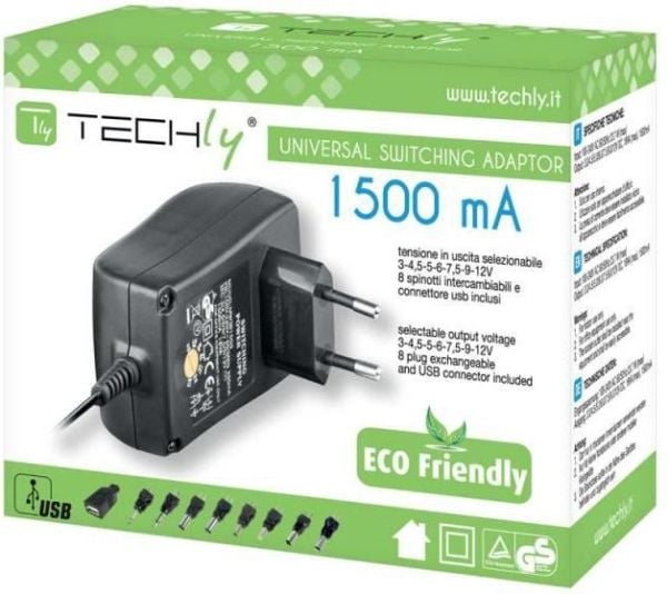 Techly IPW-NTS1500G, Universell, Innendørs, 100 - 240 V, 50/60 Hz, 18 W, 3, 4.5, 6, 7.9, 12 V