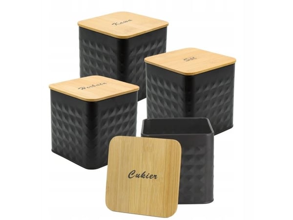 Brunbeste sett med 4 beholdere for kaffe/te/sukker/salt BB-4261 (tekster)