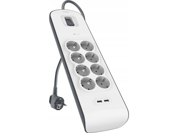 Belkin ylijännitesuojapistorasia 900J, 8 Schuko pistorasiaa, 2x USB-A, 2m, 2m