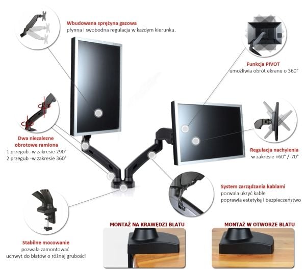 Art Desktop holder for 2 skjermer 13" - 27" L-13GD (RAMART L-13GD)