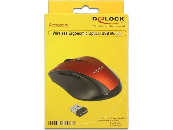 DeLOCK 12493, Oikeakätinen, Optinen, Langaton RF, 1600 DPI, Musta, Punainen