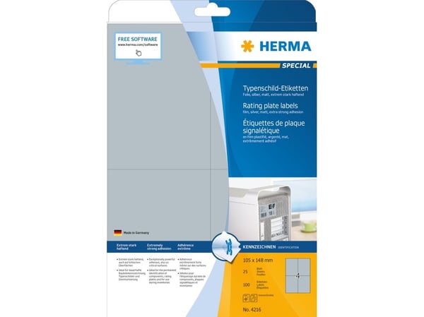 HERMA 4216, Hopea, Itse kiinnittyvä tulostintarra, A4, Polyesteri, Laser, Kiinteä