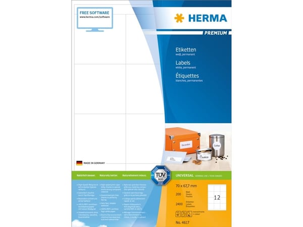 HERMA Premium - Papir - matt - permanent selv-adhesiv - hvit - 70 x 67.7 mm 2400 etikett(er) (200 ark x 12) laminerte etiketter