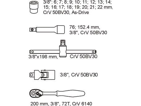 Lådinlägg för 3/8" hylsor och tillbehör 22 delar [YT-5542]