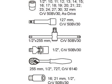 Yato YT-5537, Støpselsett, 1/2", Metrisk, 23 hoder, Krom-molybden-stål, 385 mm