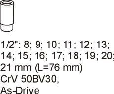 YATO LÅNG SOCKET INSERT 1/2" 14 stycken 8-21mm 5539