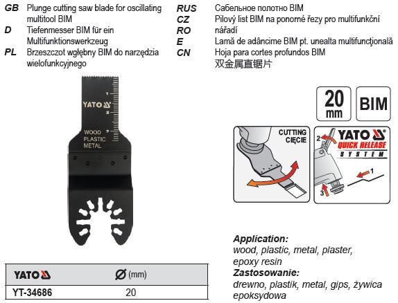 Yato YT-34686, Sagblad, Epoxy, Metall, Gips, Plast, Tre, Bimetall, YT-82220, YT-82223, YT-82818, YT-82900, 40 mm, 20 mm