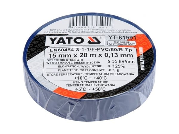 Yato Elektrisk isolasjonstape 15x0,13mm/20m PVC, isolasjon-maks 40kV /blå/ - YT-81591
