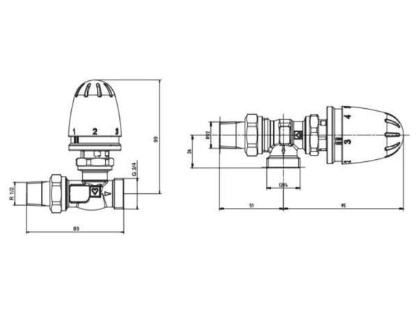 KOMPLETT: Herz RTL rør-/romventil + termostatisk element MINI, 3/4" ut - 1/2" ut, vinklet