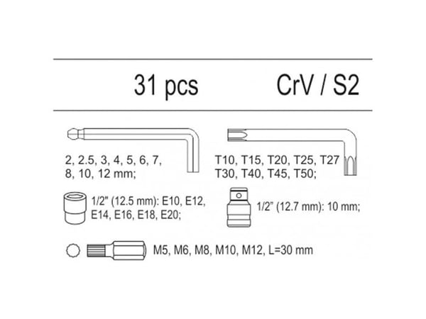YATO HEX, TORX, TORX-avaimet, TORX CAPS 31-osainen LAATIKON ASENNUS YT-55451