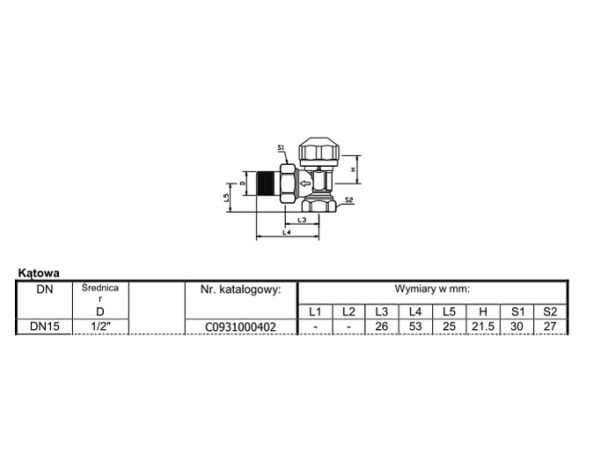 Basic 1/2" vinkel termostatventil, messing - C093100702