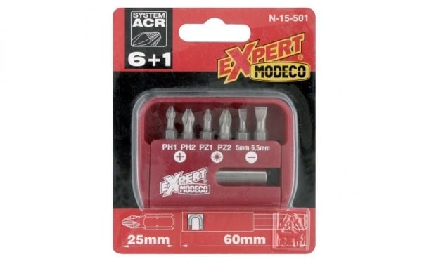 Modeco komplett bitssett 25 mm PH1-PH2, PZ1-PZ2 og flate 5-6,5 mm + holder 7 deler - MN-15-501