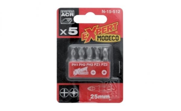 Modeco komplett bitssett 25 mm PH1-PH3 & PZ1-PZ2 | 5 stk. | MN-15-512