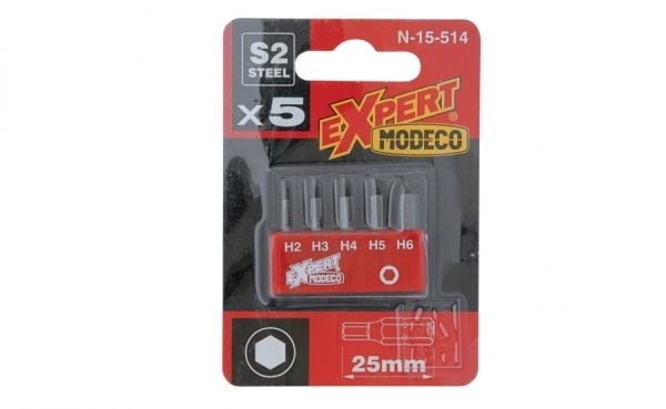 Modeco komplett bits 25mm HEX H2-H6 5 stk - MN-15-514