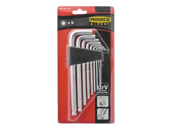 Modeco unbrakonøkkelsett hex type L 1,5-10 mm med kule 9 deler (MN-54-118)