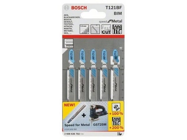 Bosch T 121 BF, Stikksagblad, Aluminium, Blad metall (medium tykk), Bimetall, 2 mm, 9,2 cm, 5 stykker